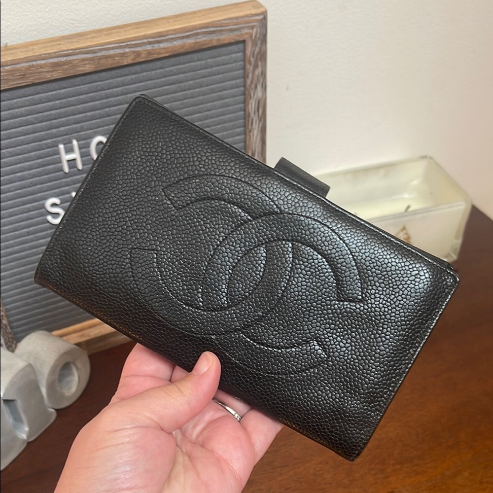Authentic CHANEL Black Leather caviar large wallet